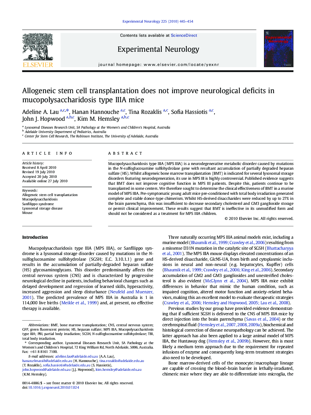 Allogeneic stem cell transplantation does not improve neurological deficits in mucopolysaccharidosis type IIIA mice