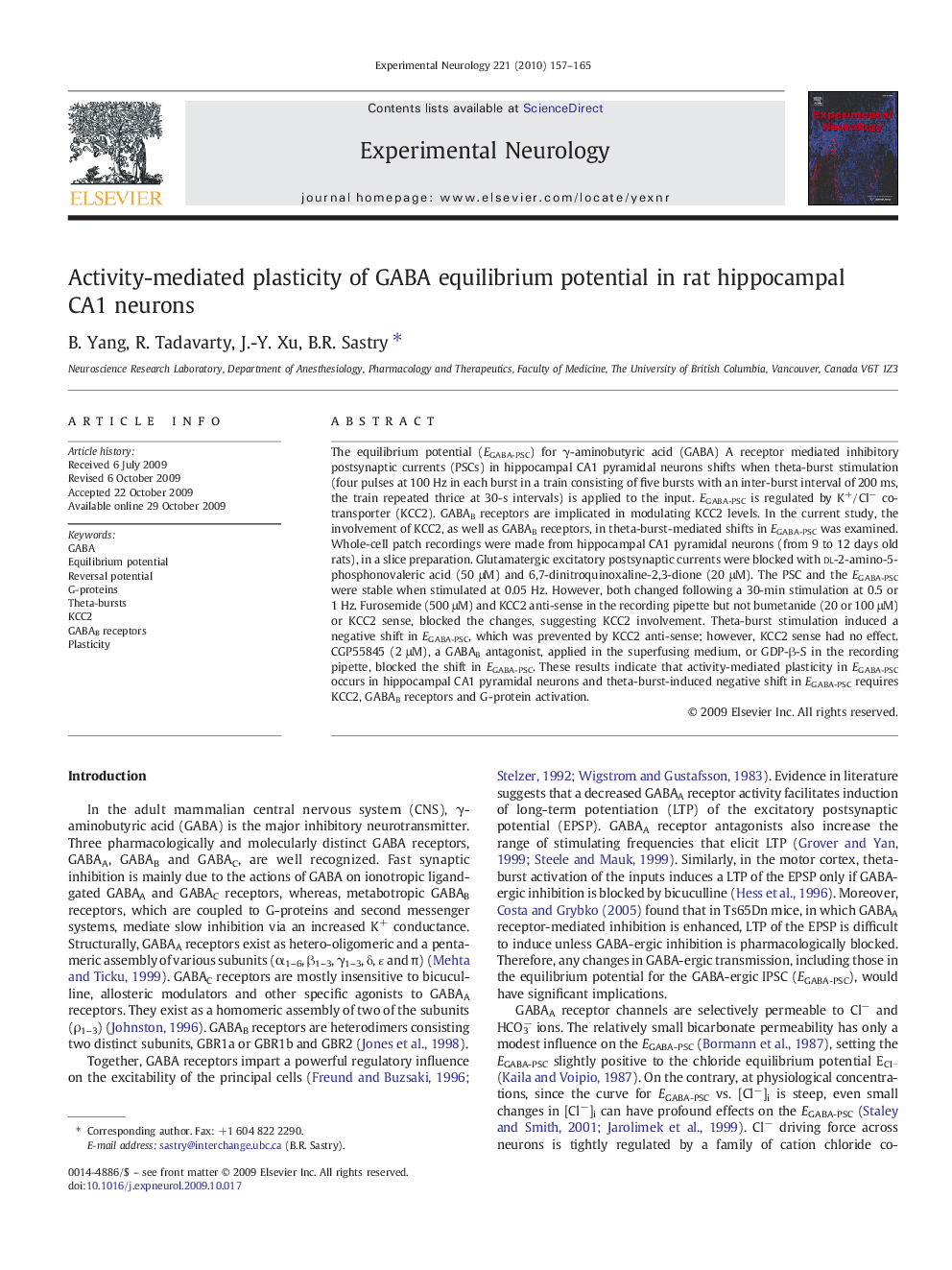 Activity-mediated plasticity of GABA equilibrium potential in rat hippocampal CA1 neurons