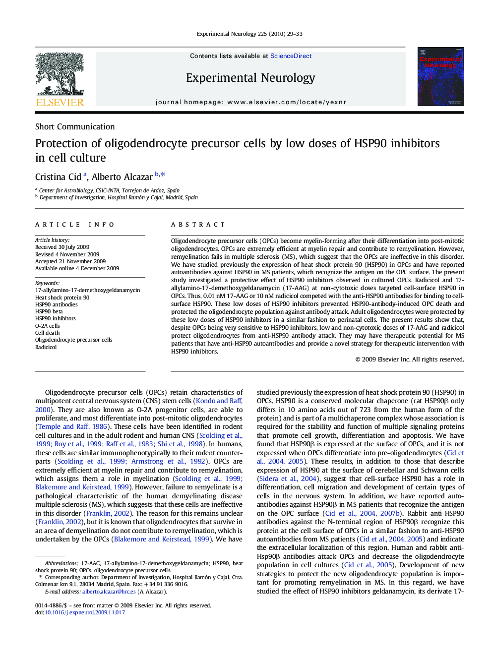 Protection of oligodendrocyte precursor cells by low doses of HSP90 inhibitors in cell culture