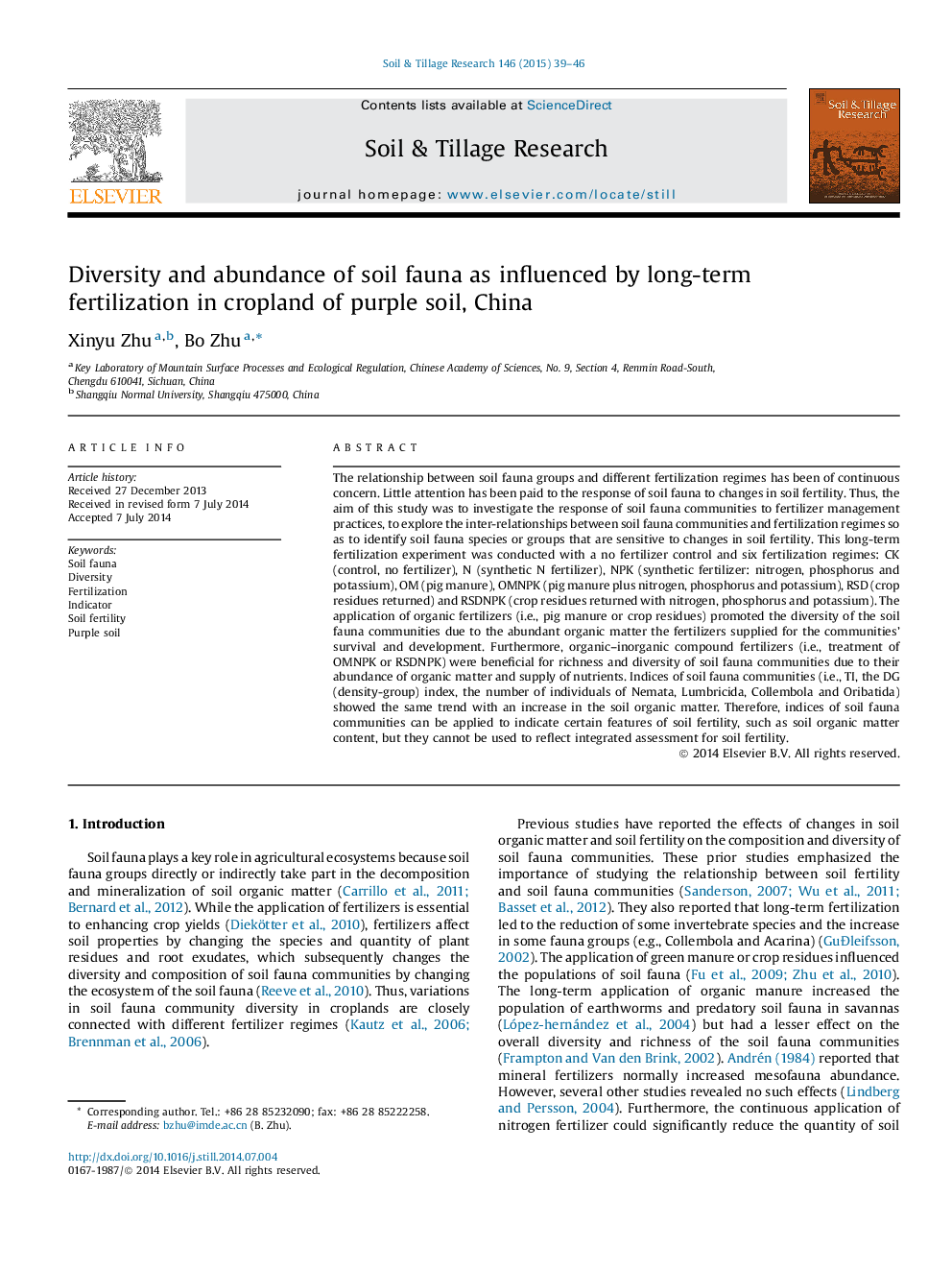 Diversity and abundance of soil fauna as influenced by long-term fertilization in cropland of purple soil, China