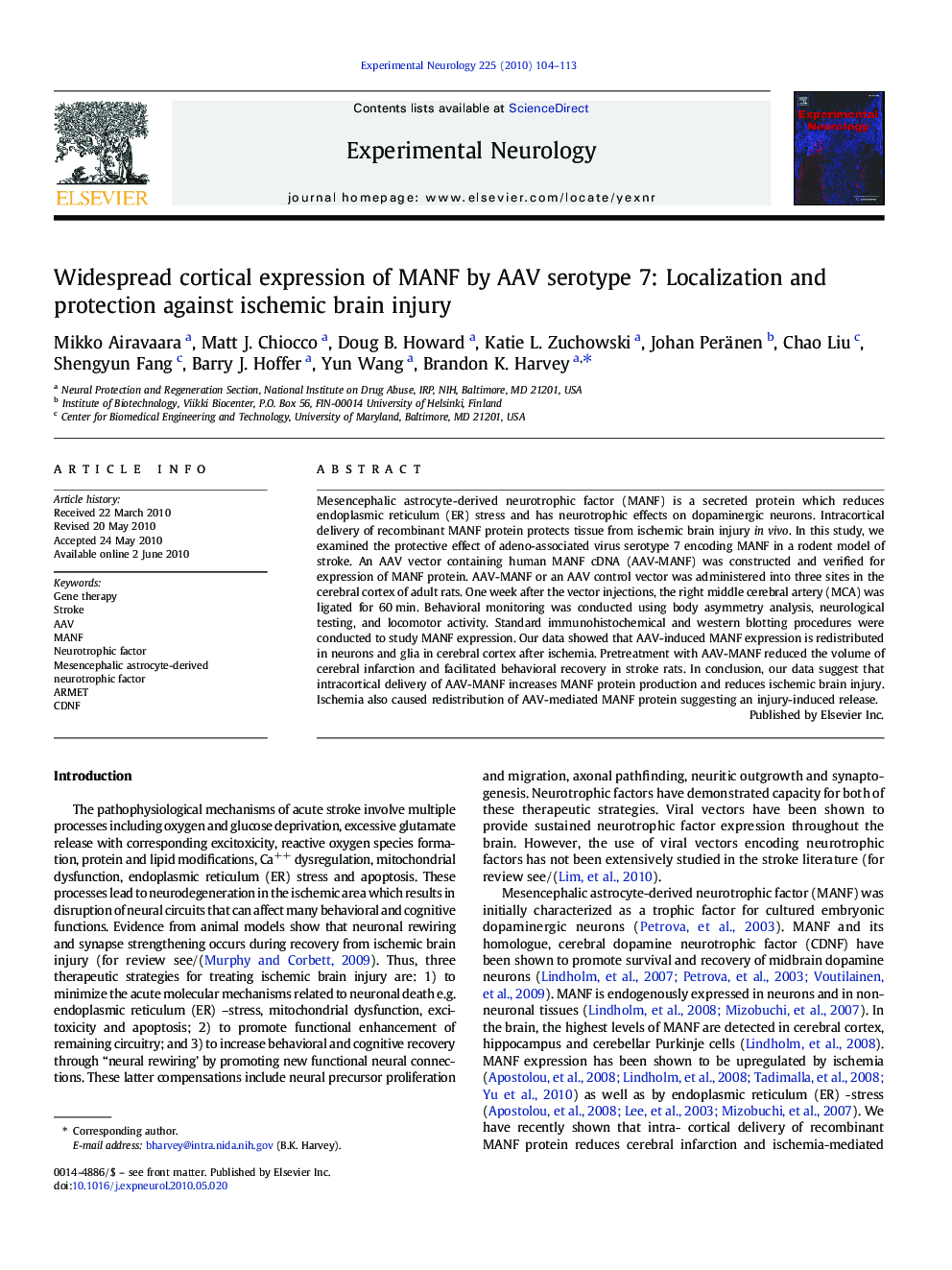 Widespread cortical expression of MANF by AAV serotype 7: Localization and protection against ischemic brain injury