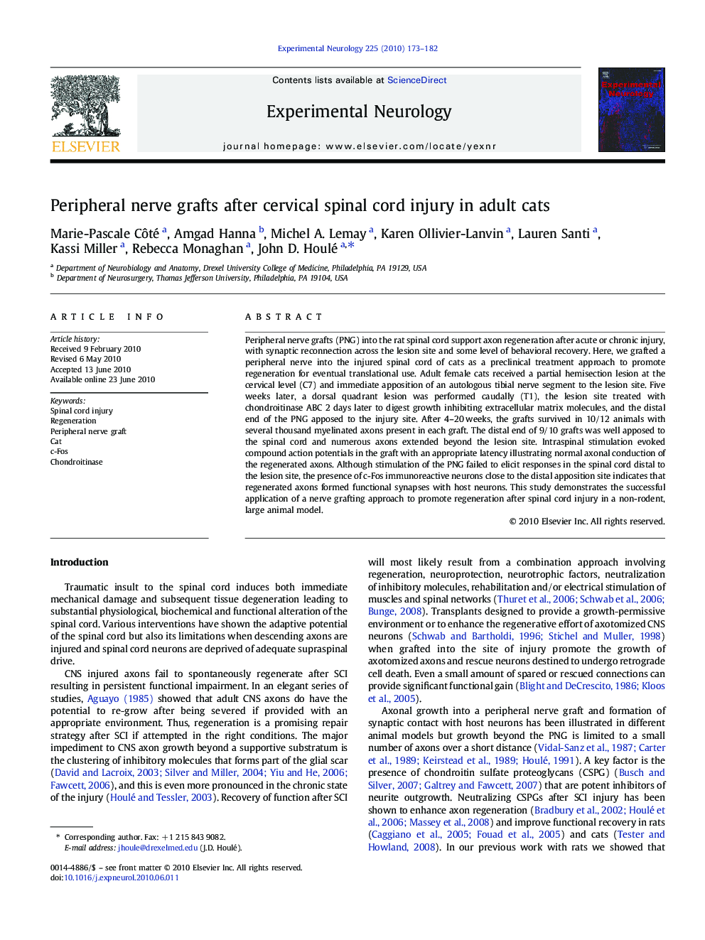 Peripheral nerve grafts after cervical spinal cord injury in adult cats