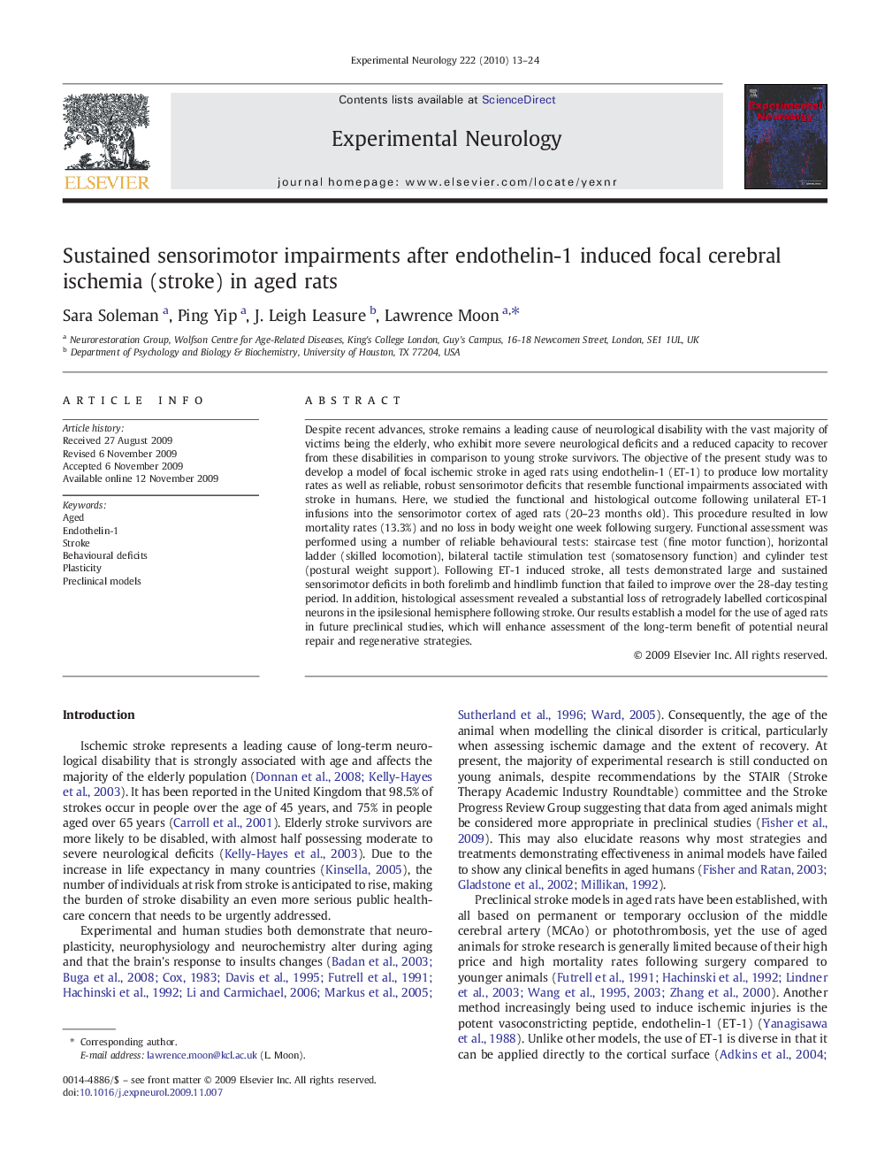 Sustained sensorimotor impairments after endothelin-1 induced focal cerebral ischemia (stroke) in aged rats