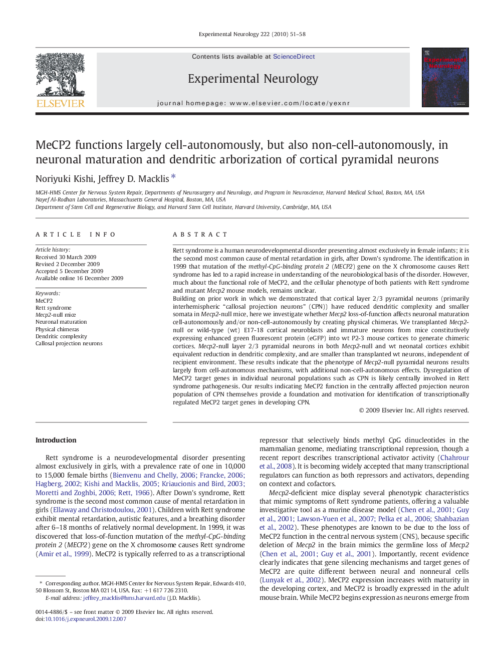 MeCP2 functions largely cell-autonomously, but also non-cell-autonomously, in neuronal maturation and dendritic arborization of cortical pyramidal neurons