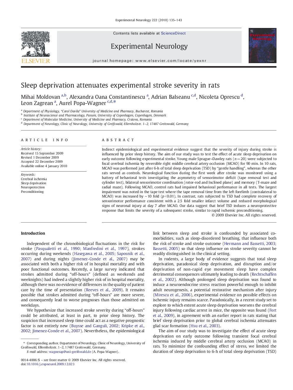 Sleep deprivation attenuates experimental stroke severity in rats