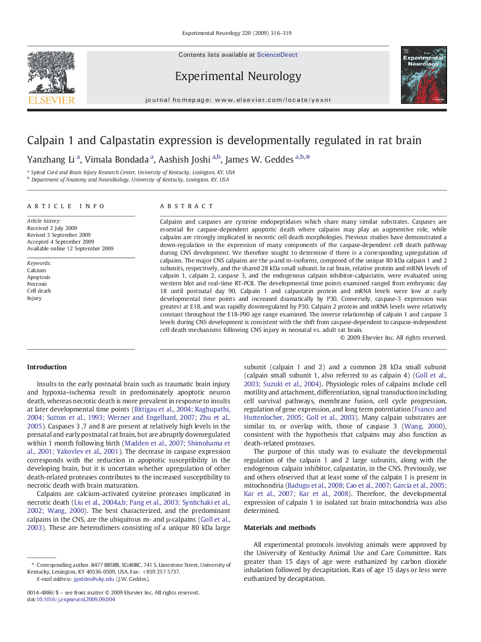 Calpain 1 and Calpastatin expression is developmentally regulated in rat brain