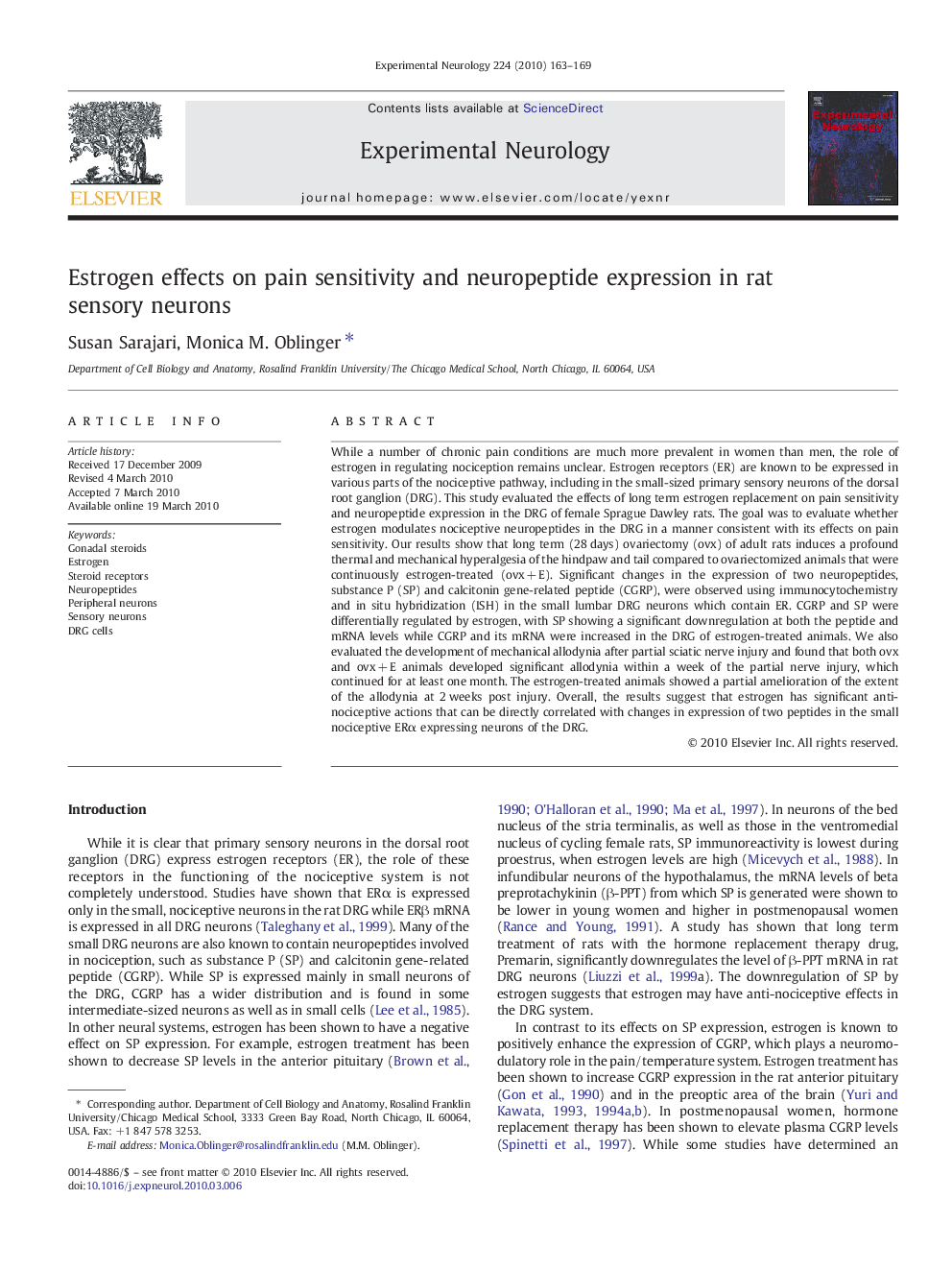 Estrogen effects on pain sensitivity and neuropeptide expression in rat sensory neurons