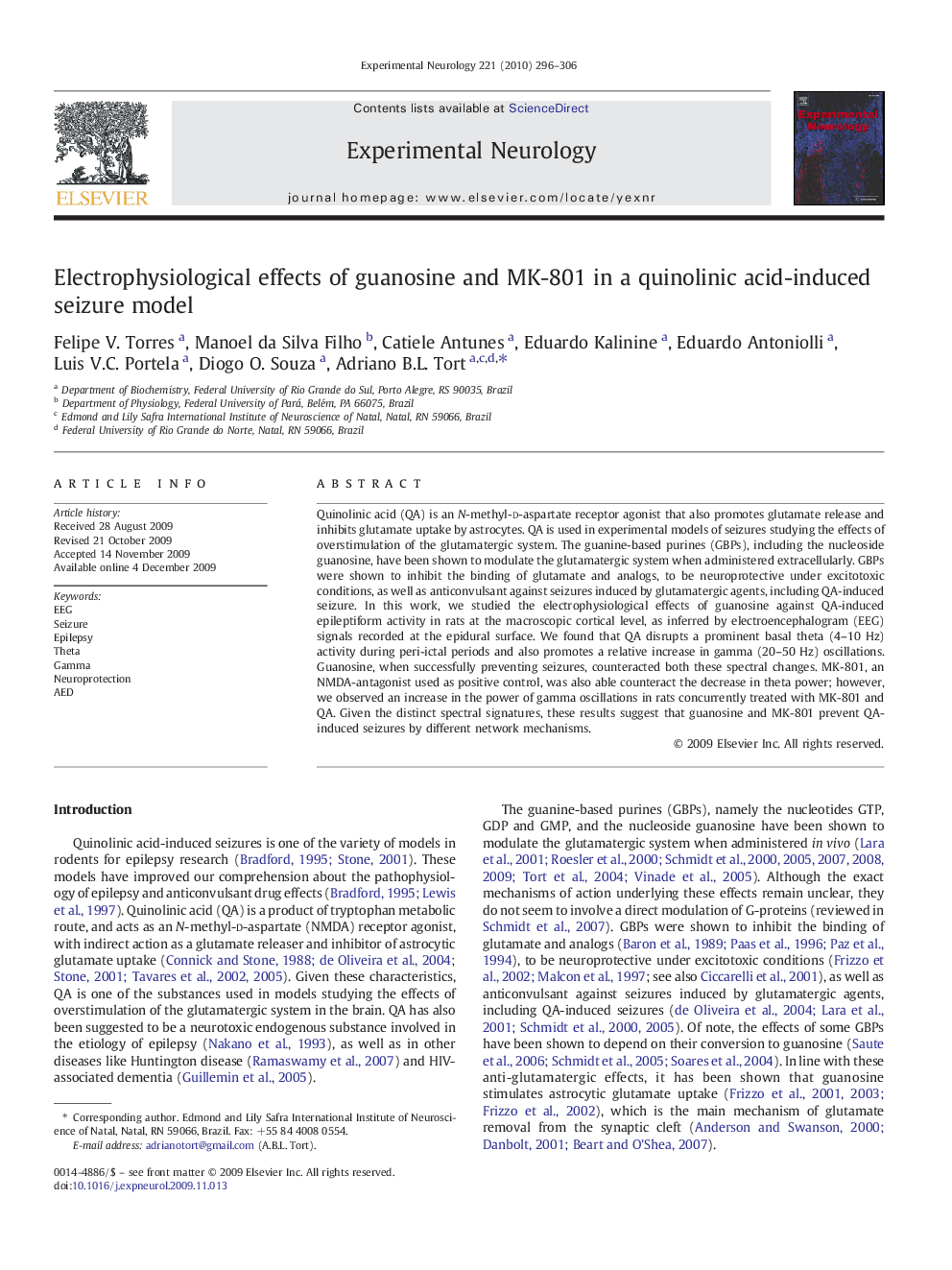 عکس صفحه اول مقاله: Electrophysiological effects of guanosine and MK-801 in a quinolinic acid-induced seizure model Electrophysiological effects of guanosine and MK-801 in a quinolinic acid-induced seizure model