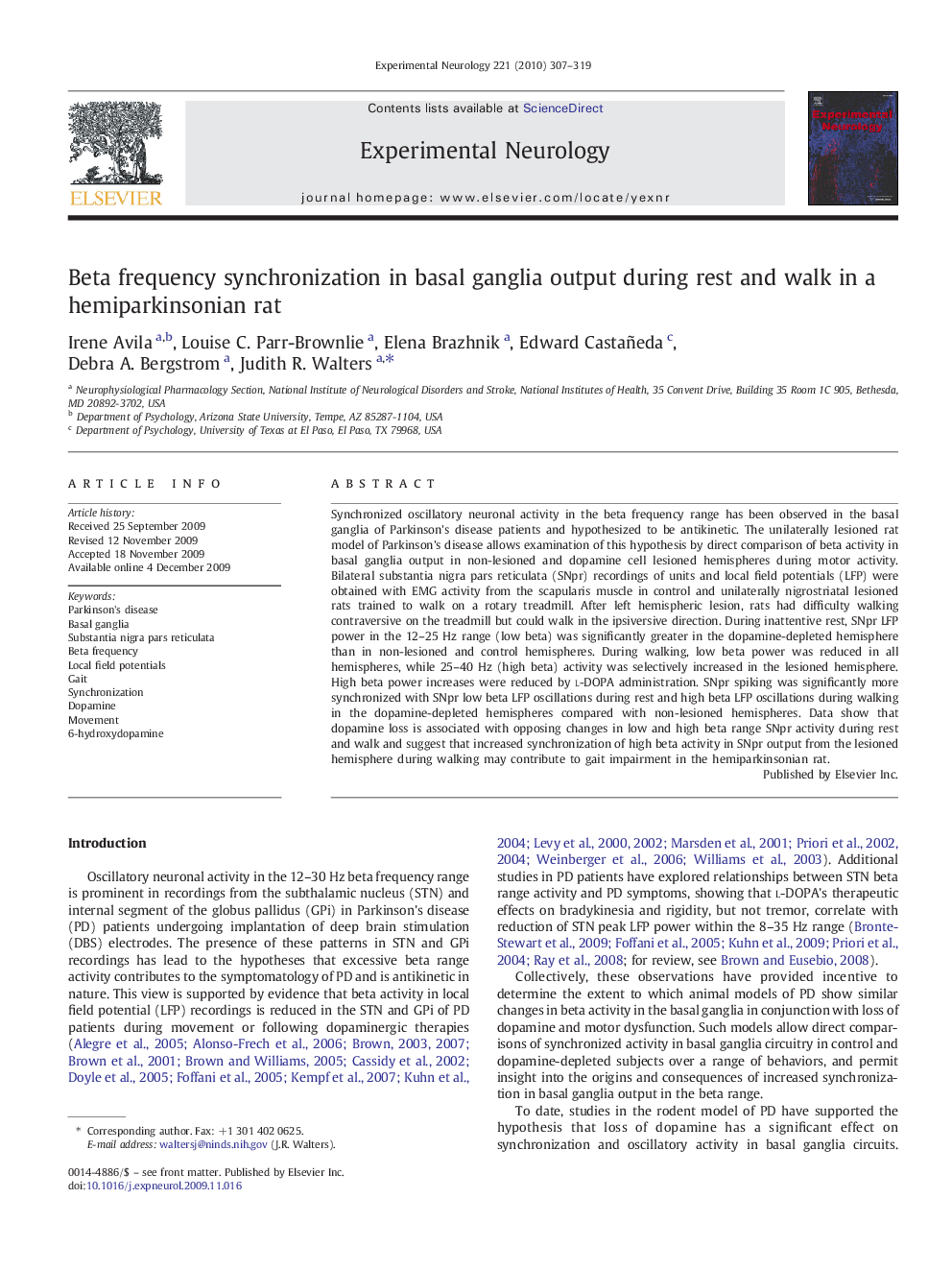 Beta frequency synchronization in basal ganglia output during rest and walk in a hemiparkinsonian rat