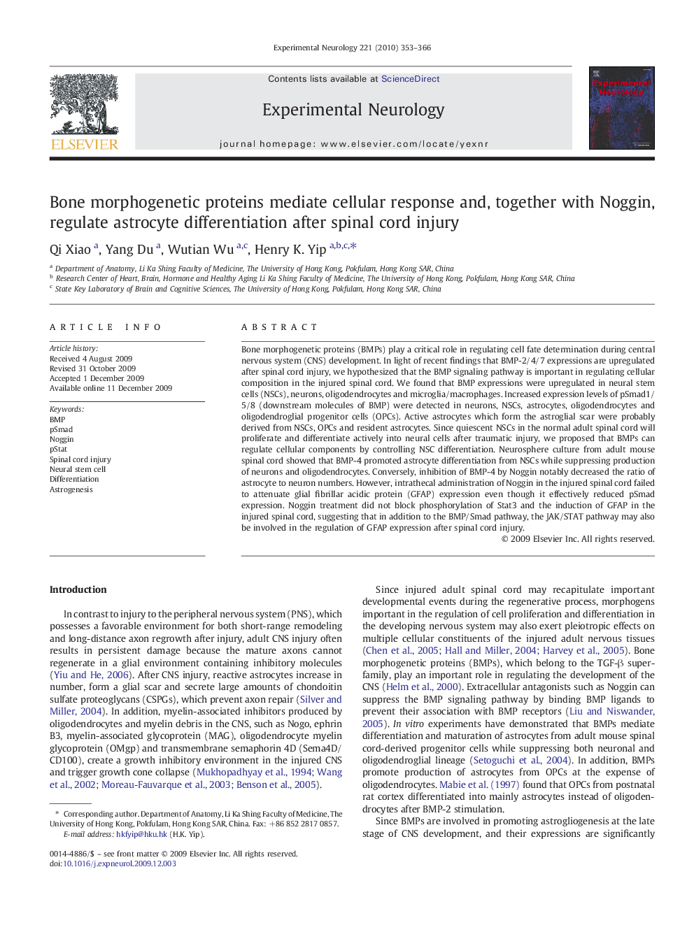 Bone morphogenetic proteins mediate cellular response and, together with Noggin, regulate astrocyte differentiation after spinal cord injury