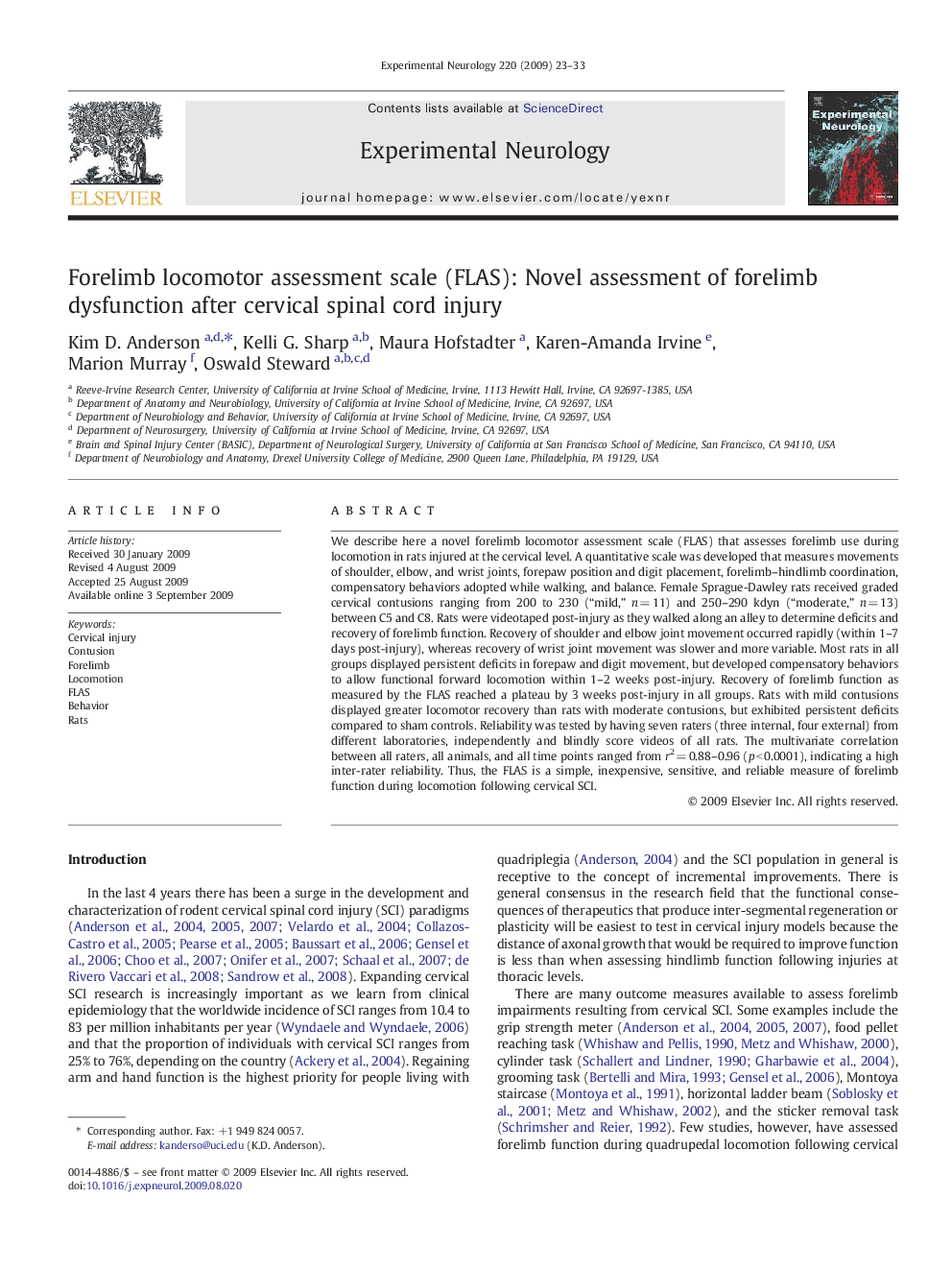 Forelimb locomotor assessment scale (FLAS): Novel assessment of forelimb dysfunction after cervical spinal cord injury