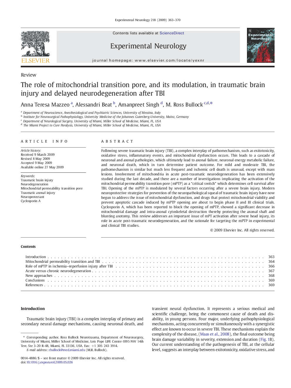 The role of mitochondrial transition pore, and its modulation, in traumatic brain injury and delayed neurodegeneration after TBI