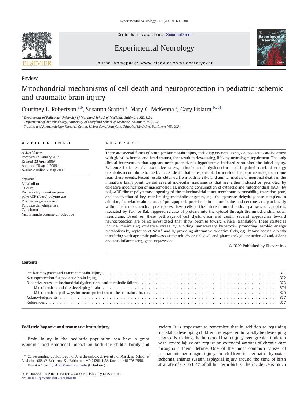 Mitochondrial mechanisms of cell death and neuroprotection in pediatric ischemic and traumatic brain injury