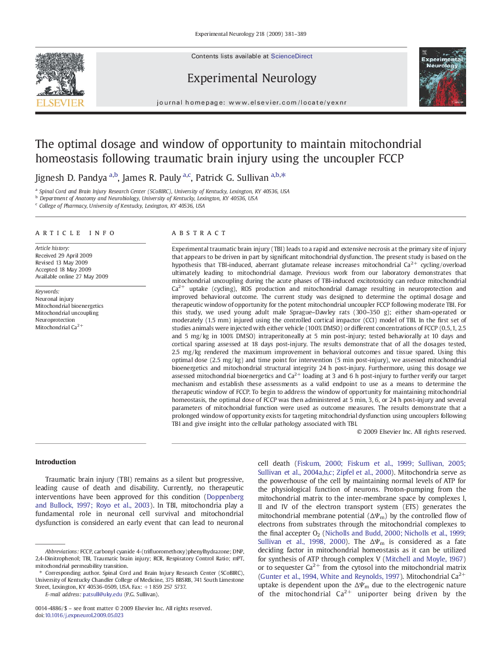 The optimal dosage and window of opportunity to maintain mitochondrial homeostasis following traumatic brain injury using the uncoupler FCCP