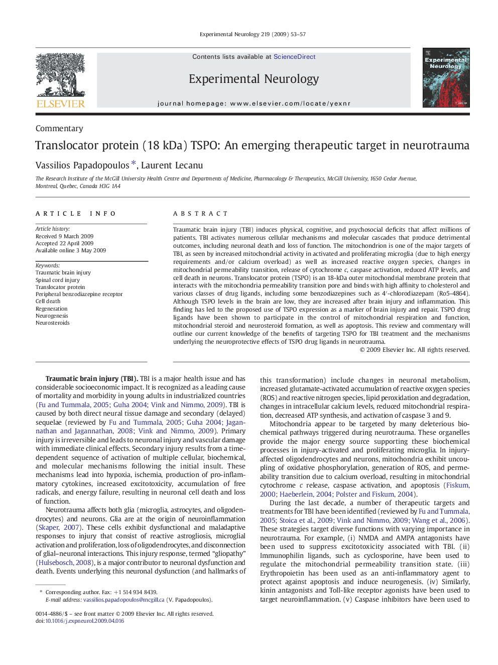 Translocator protein (18 kDa) TSPO: An emerging therapeutic target in neurotrauma