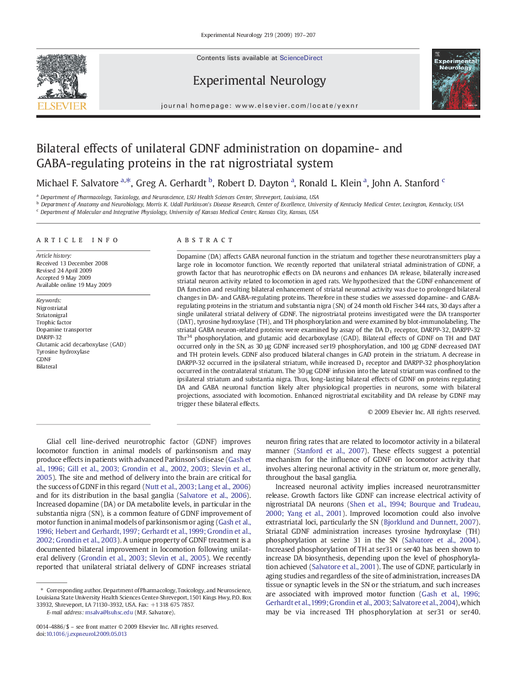 Bilateral effects of unilateral GDNF administration on dopamine- and GABA-regulating proteins in the rat nigrostriatal system