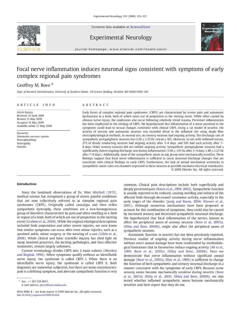 Focal nerve inflammation induces neuronal signs consistent with symptoms of early complex regional pain syndromes