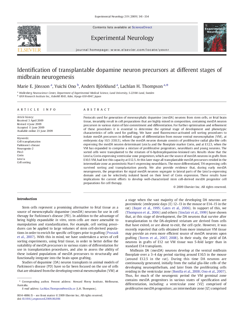 Identification of transplantable dopamine neuron precursors at different stages of midbrain neurogenesis