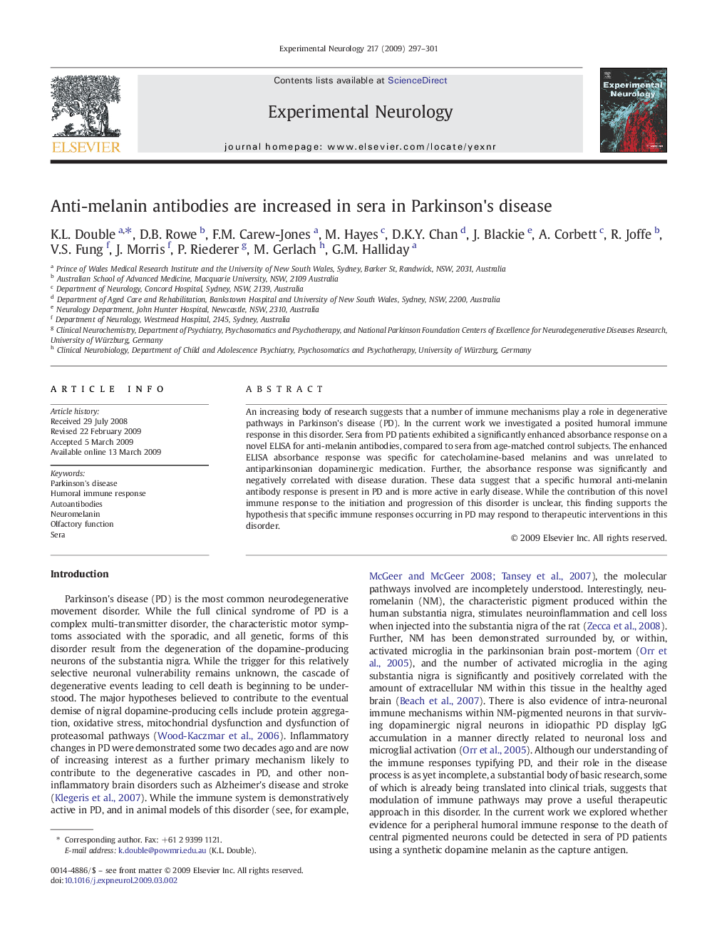 Anti-melanin antibodies are increased in sera in Parkinson's disease