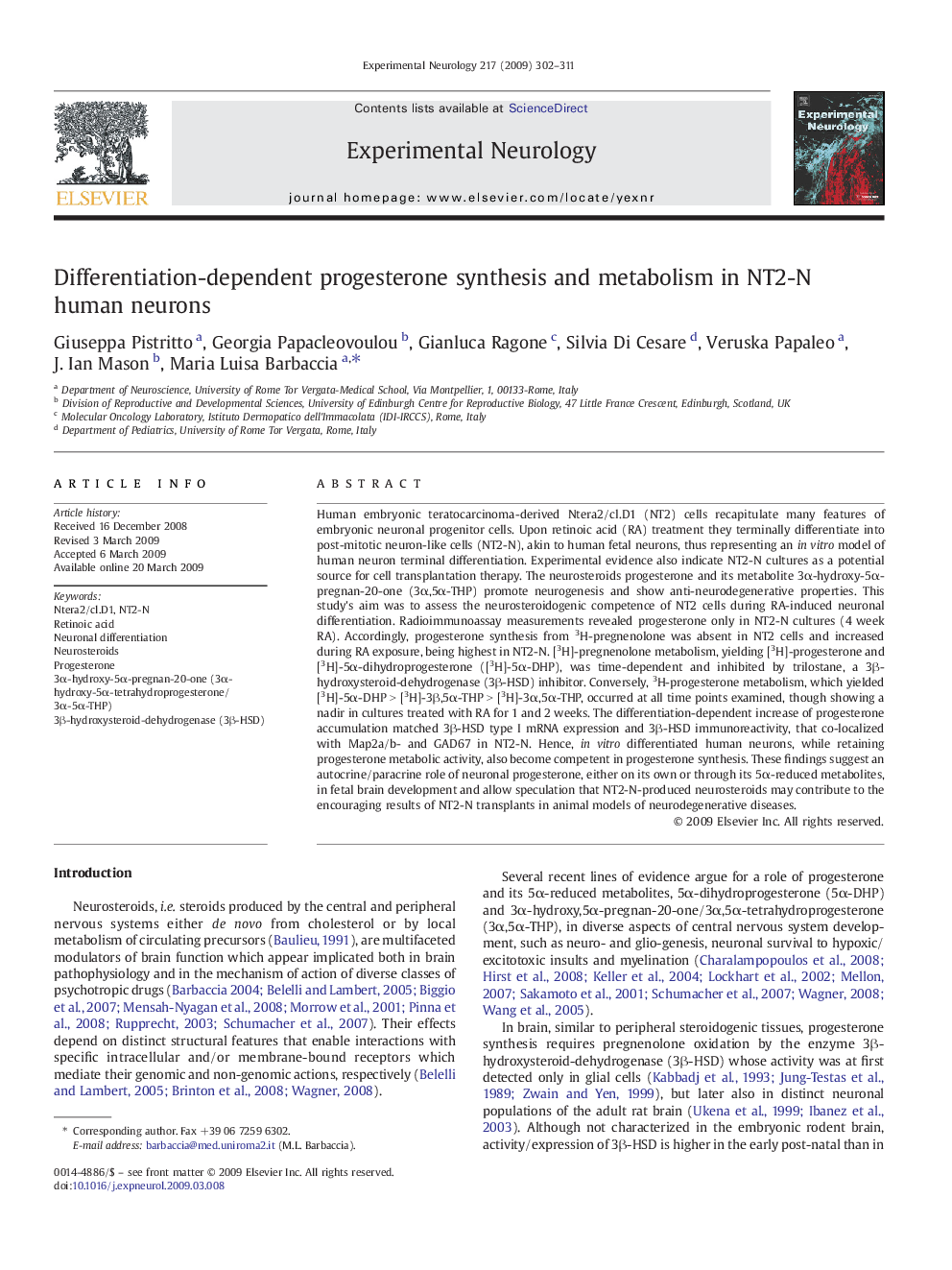 Differentiation-dependent progesterone synthesis and metabolism in NT2-N human neurons