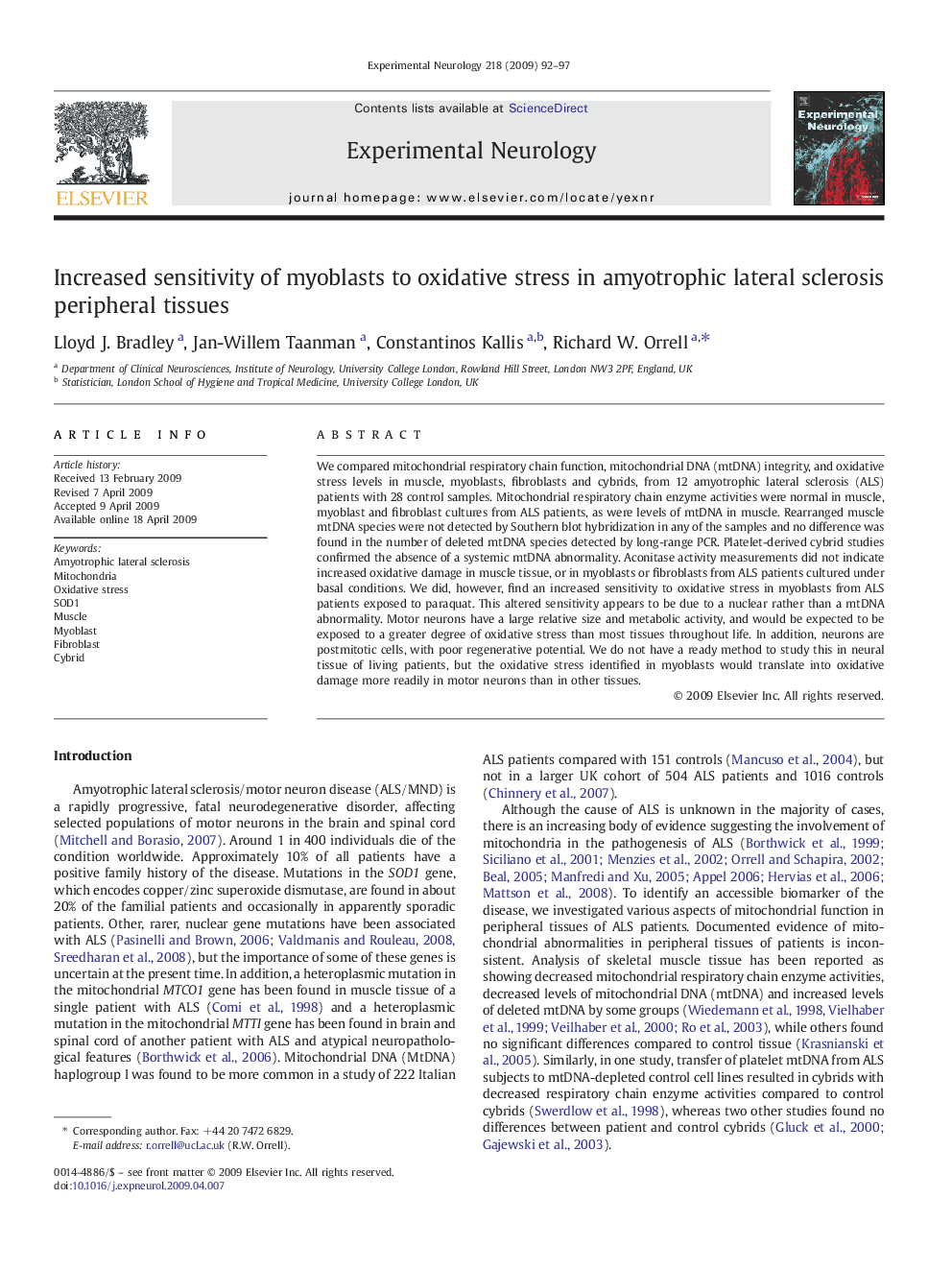 Increased sensitivity of myoblasts to oxidative stress in amyotrophic lateral sclerosis peripheral tissues