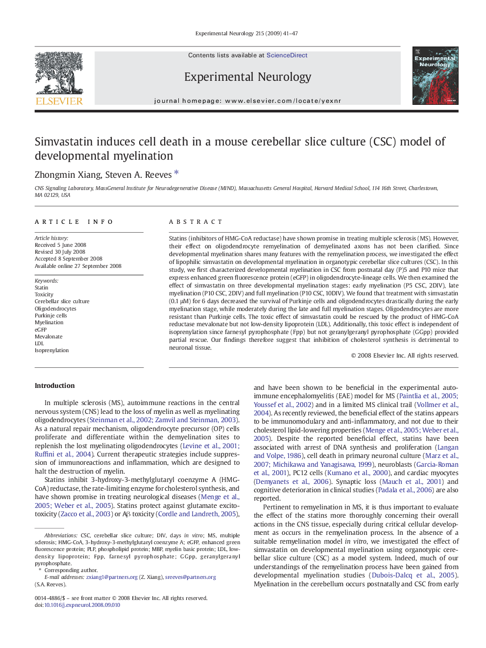 Simvastatin induces cell death in a mouse cerebellar slice culture (CSC) model of developmental myelination