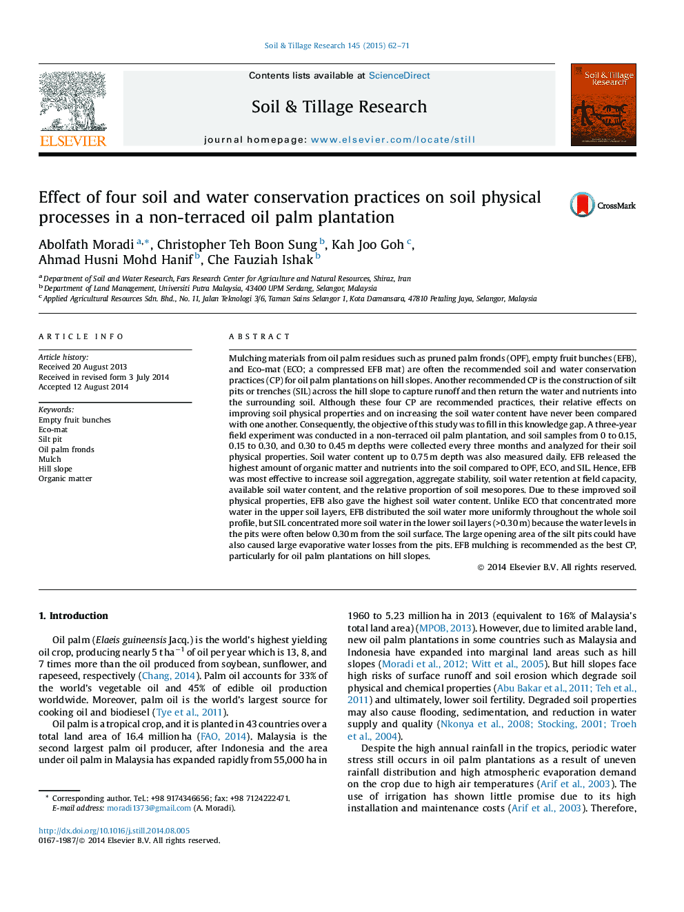 Effect of four soil and water conservation practices on soil physical processes in a non-terraced oil palm plantation