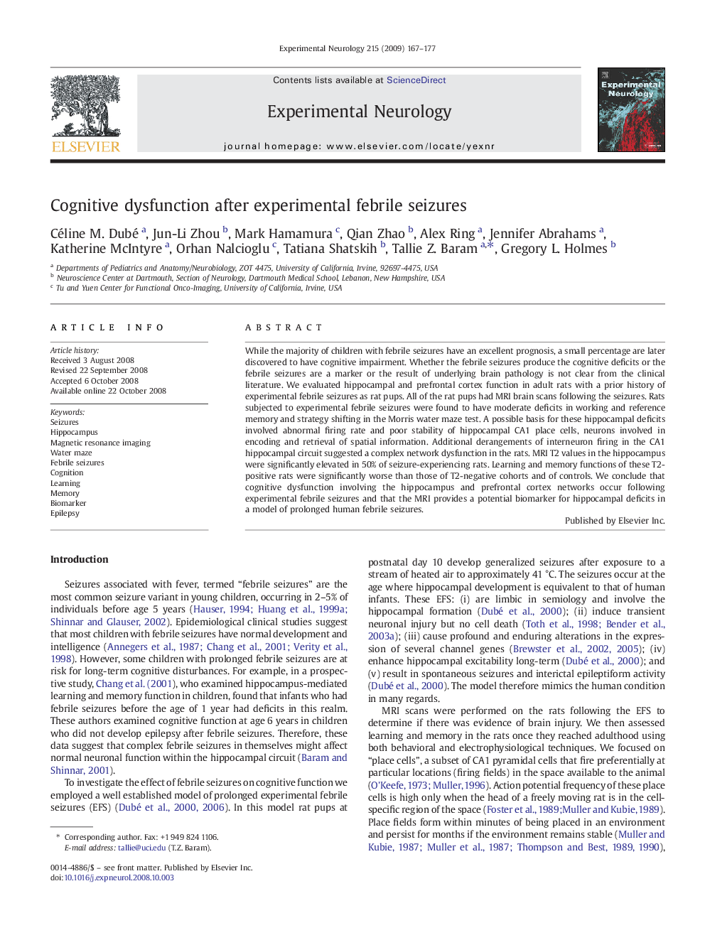 Cognitive dysfunction after experimental febrile seizures