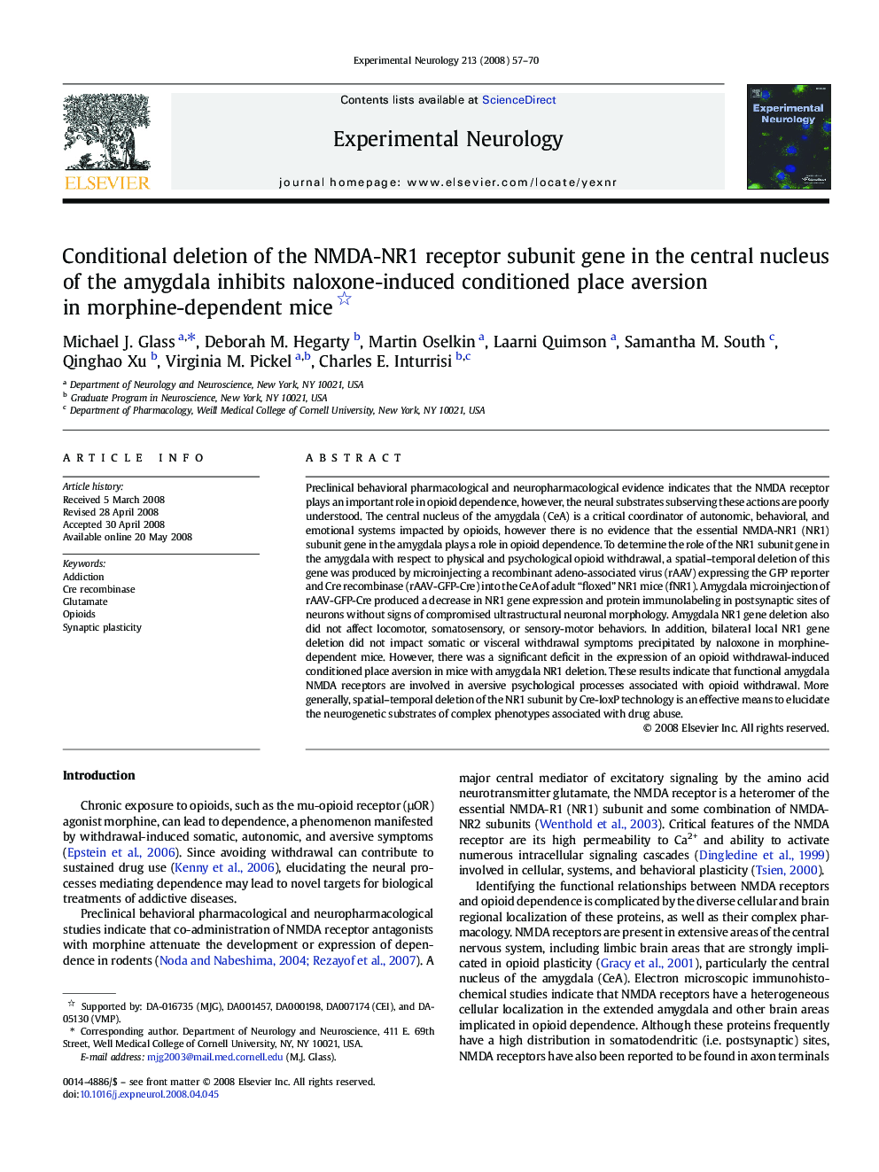 Conditional deletion of the NMDA-NR1 receptor subunit gene in the central nucleus of the amygdala inhibits naloxone-induced conditioned place aversion in morphine-dependent mice 