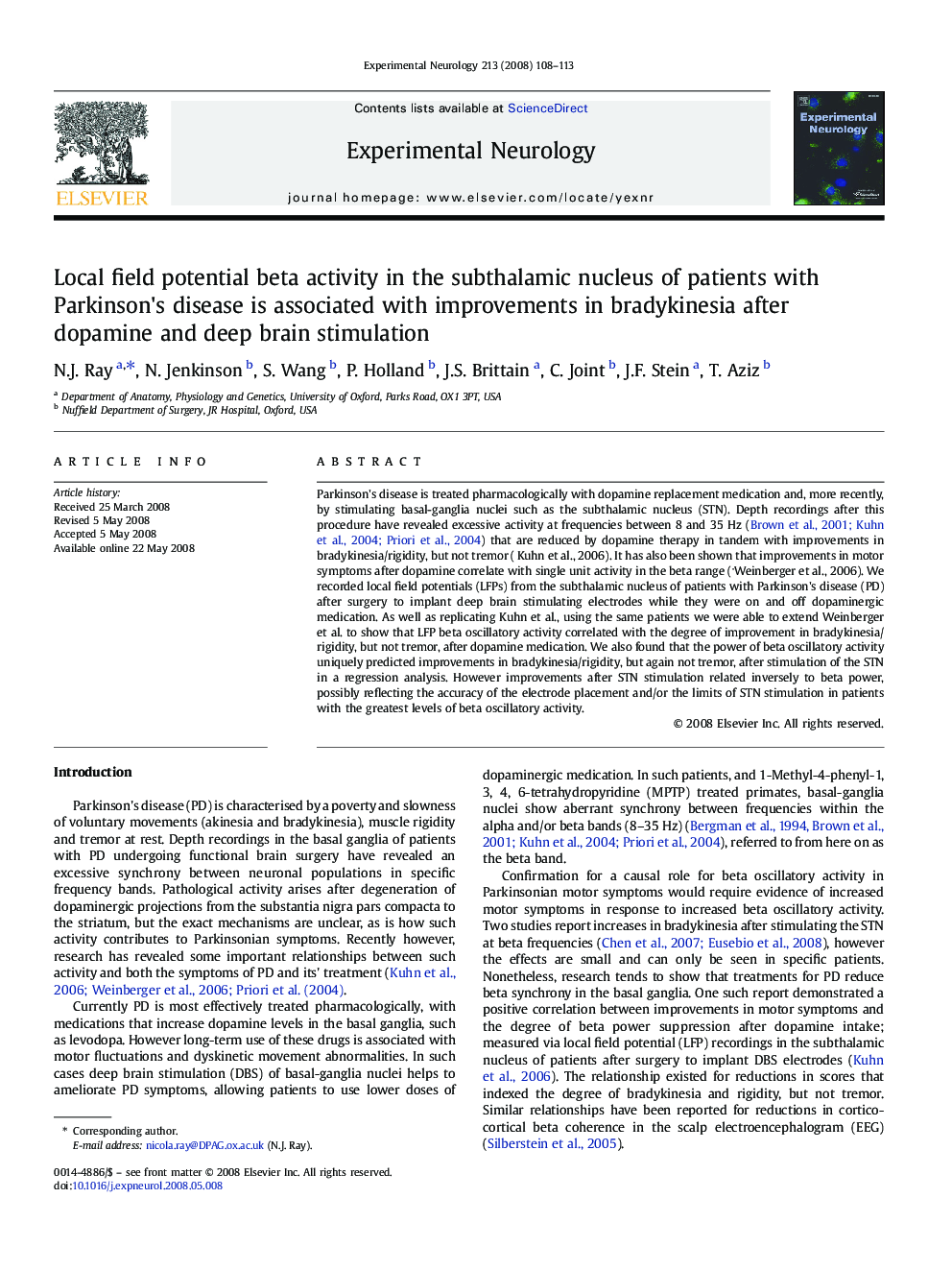 Local field potential beta activity in the subthalamic nucleus of patients with Parkinson's disease is associated with improvements in bradykinesia after dopamine and deep brain stimulation