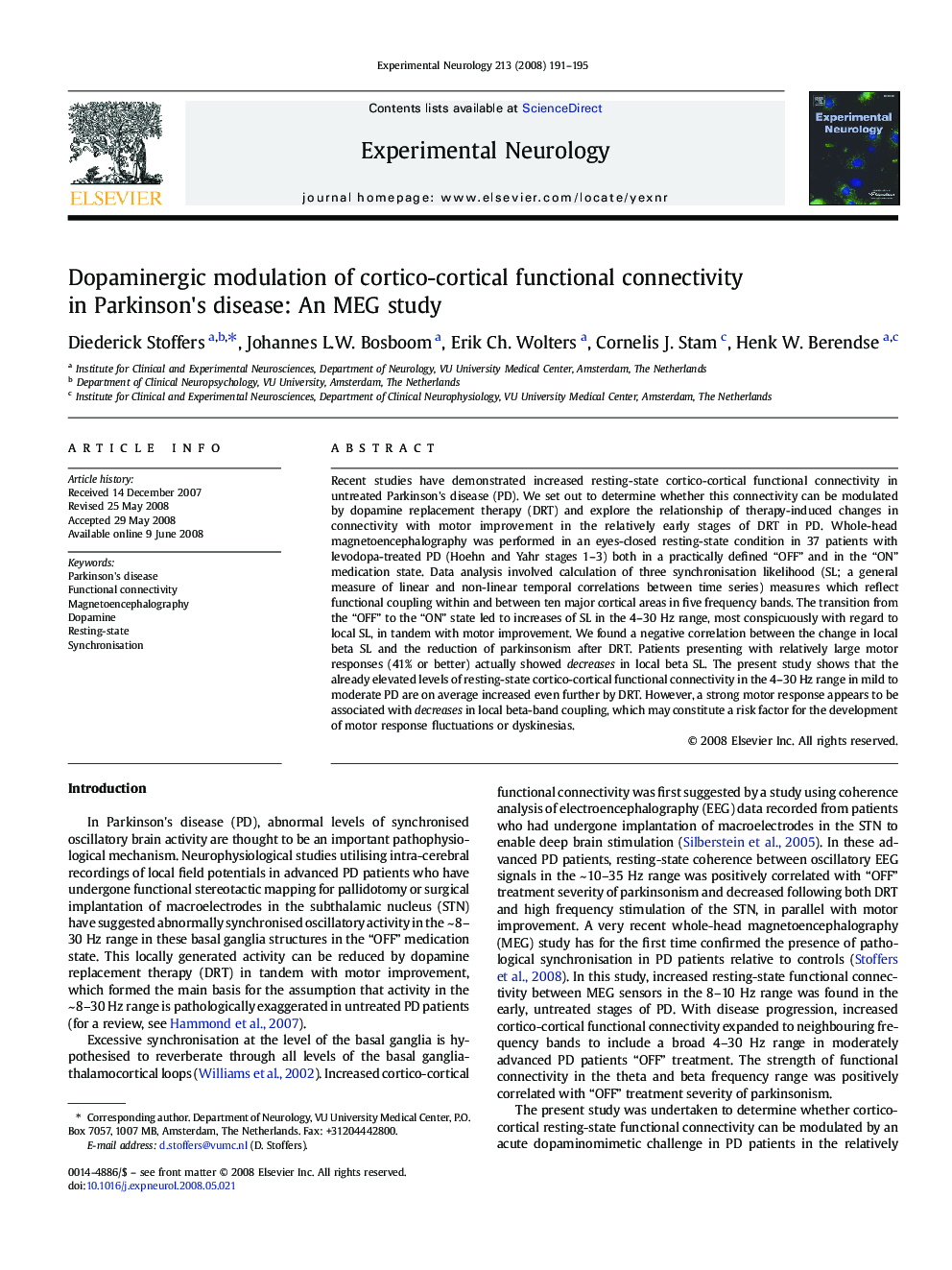 Dopaminergic modulation of cortico-cortical functional connectivity in Parkinson's disease: An MEG study