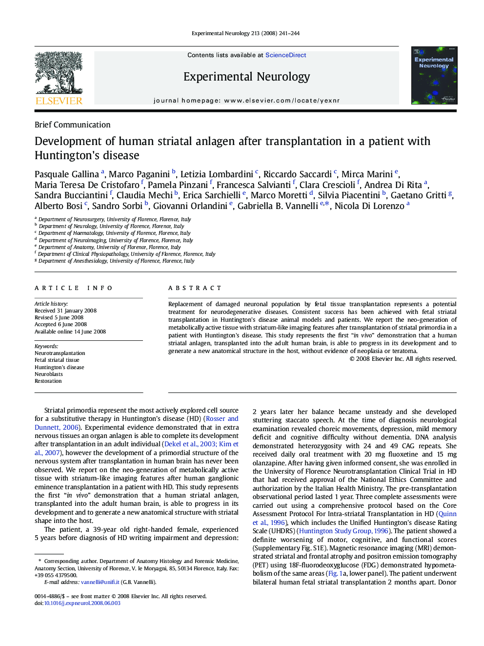 Development of human striatal anlagen after transplantation in a patient with Huntington's disease