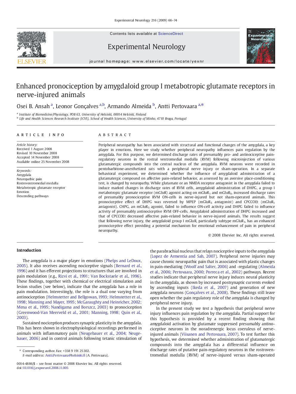 Enhanced pronociception by amygdaloid group I metabotropic glutamate receptors in nerve-injured animals