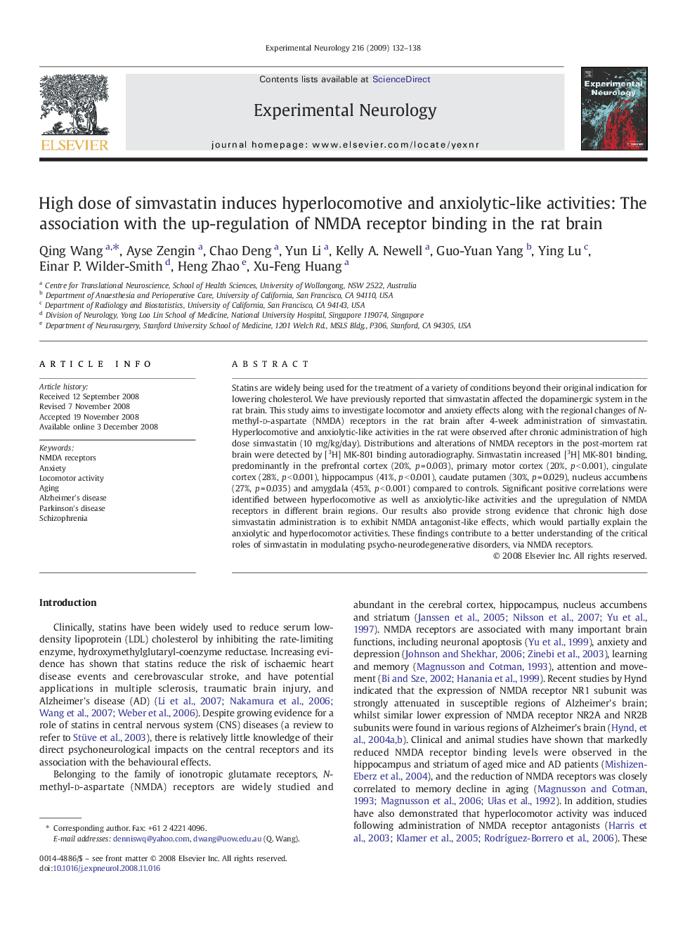 High dose of simvastatin induces hyperlocomotive and anxiolytic-like activities: The association with the up-regulation of NMDA receptor binding in the rat brain