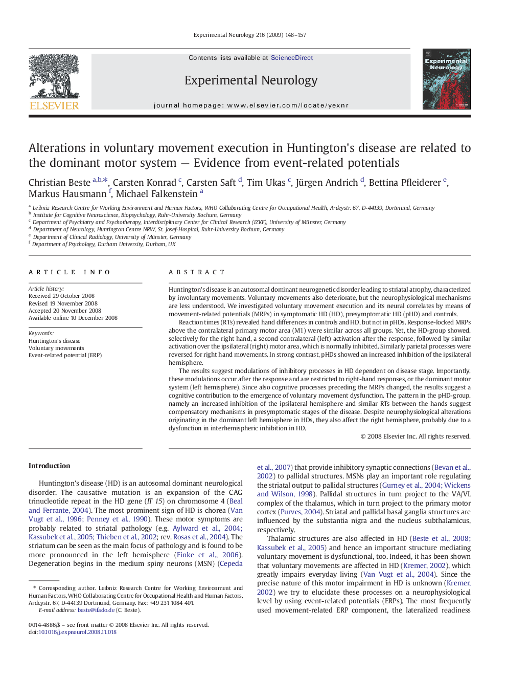 Alterations in voluntary movement execution in Huntington's disease are related to the dominant motor system — Evidence from event-related potentials