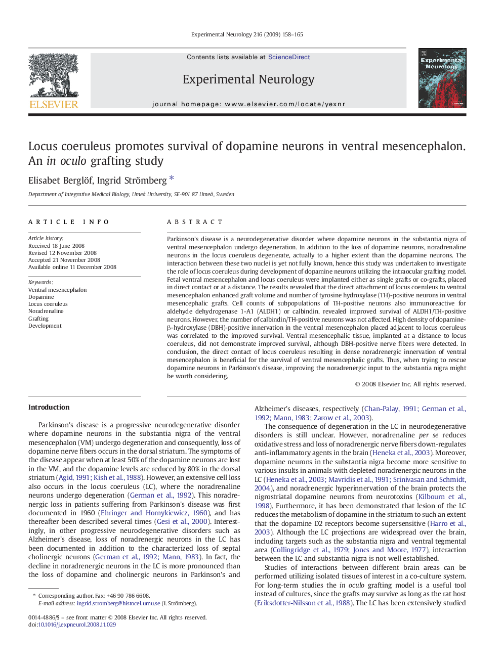 Locus coeruleus promotes survival of dopamine neurons in ventral mesencephalon. An in oculo grafting study