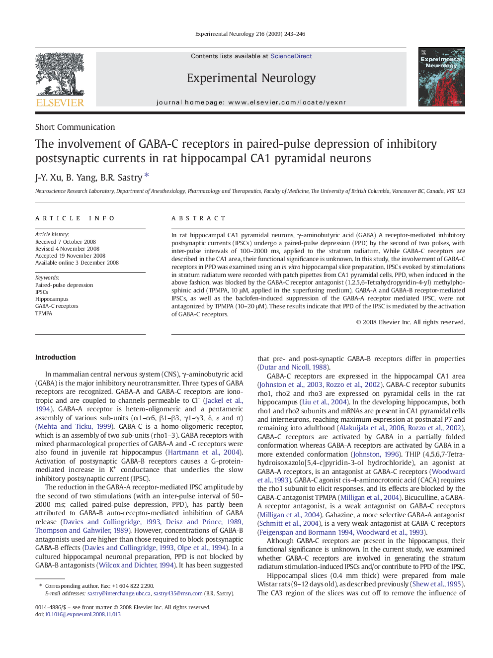 The involvement of GABA-C receptors in paired-pulse depression of inhibitory postsynaptic currents in rat hippocampal CA1 pyramidal neurons