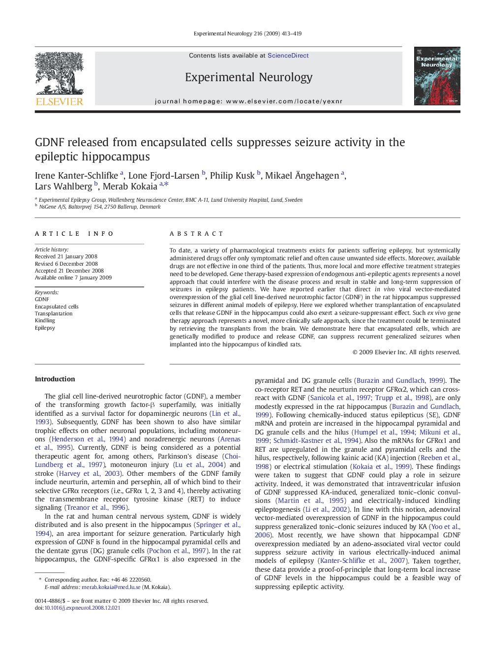 GDNF released from encapsulated cells suppresses seizure activity in the epileptic hippocampus