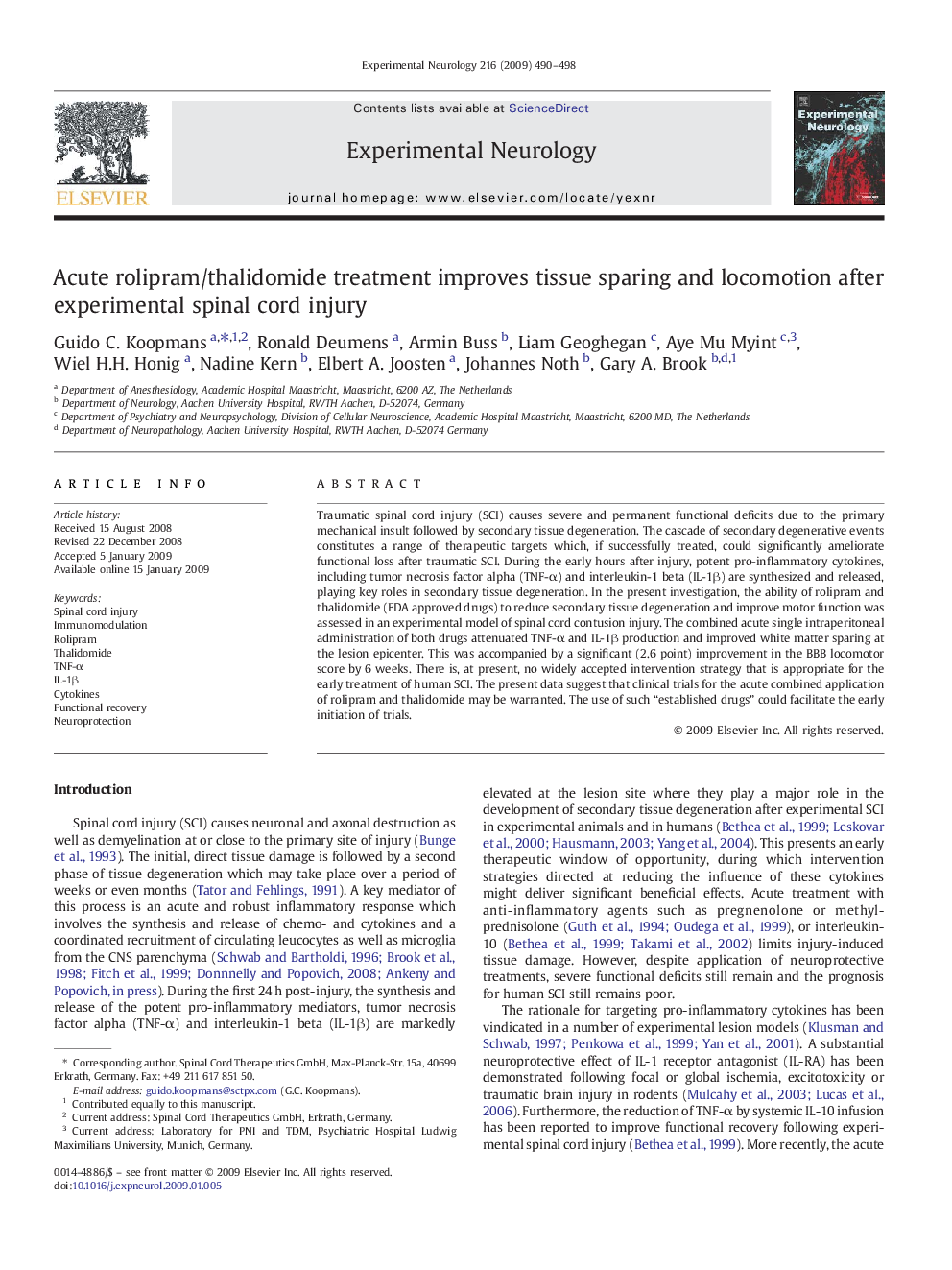 Acute rolipram/thalidomide treatment improves tissue sparing and locomotion after experimental spinal cord injury