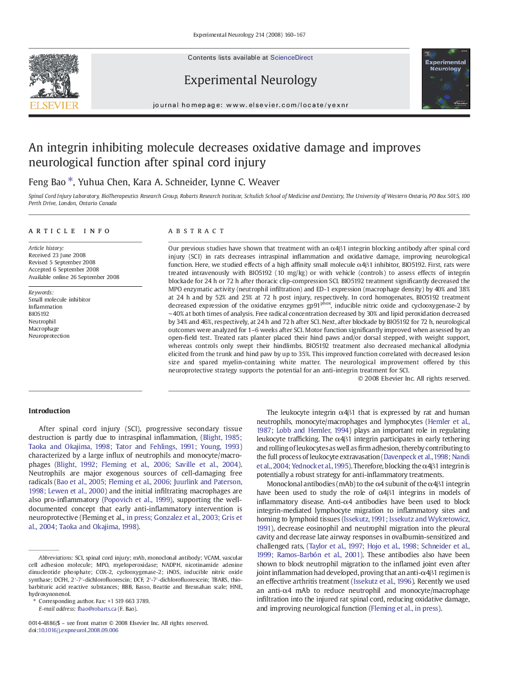 An integrin inhibiting molecule decreases oxidative damage and improves neurological function after spinal cord injury