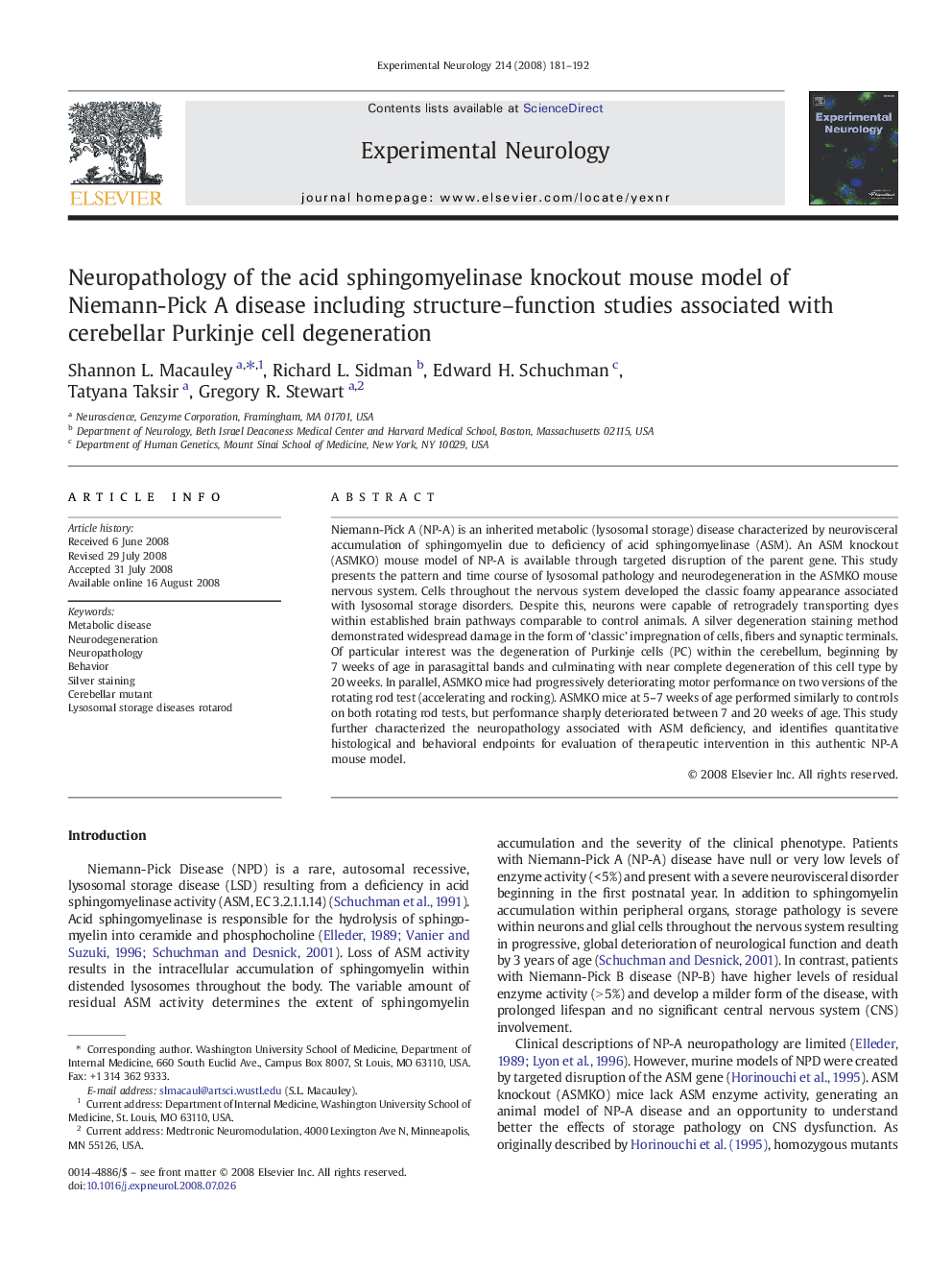 Neuropathology of the acid sphingomyelinase knockout mouse model of Niemann-Pick A disease including structure–function studies associated with cerebellar Purkinje cell degeneration