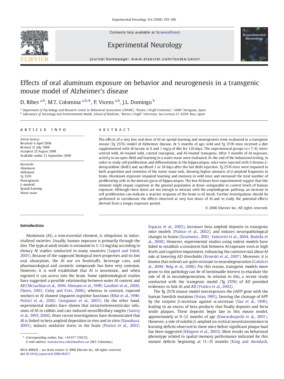 Effects of oral aluminum exposure on behavior and neurogenesis in a transgenic mouse model of Alzheimer's disease