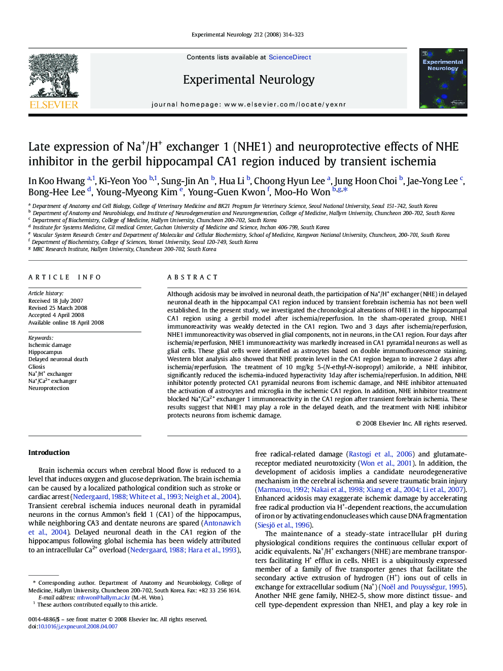 Late expression of Na+/H+ exchanger 1 (NHE1) and neuroprotective effects of NHE inhibitor in the gerbil hippocampal CA1 region induced by transient ischemia