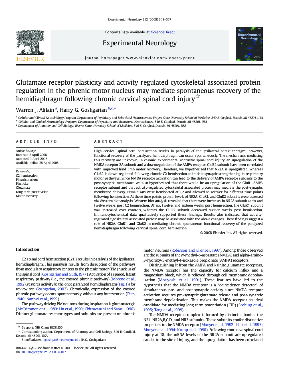 Glutamate receptor plasticity and activity-regulated cytoskeletal associated protein regulation in the phrenic motor nucleus may mediate spontaneous recovery of the hemidiaphragm following chronic cervical spinal cord injury 