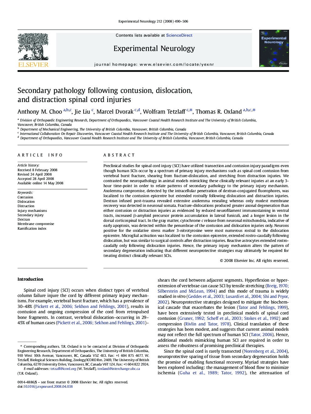 Secondary pathology following contusion, dislocation, and distraction spinal cord injuries