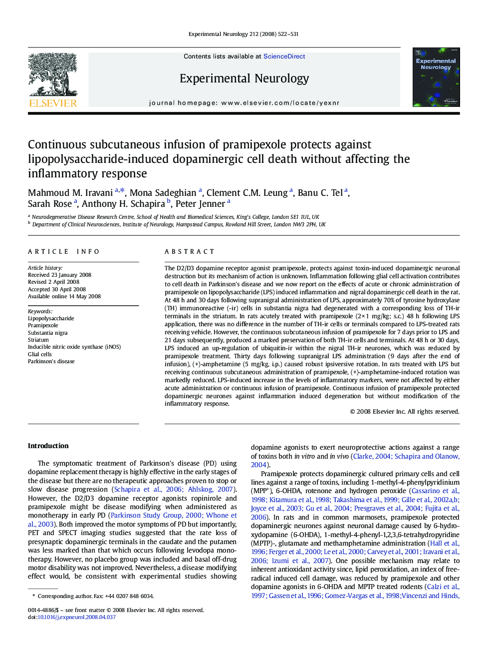 Continuous subcutaneous infusion of pramipexole protects against lipopolysaccharide-induced dopaminergic cell death without affecting the inflammatory response