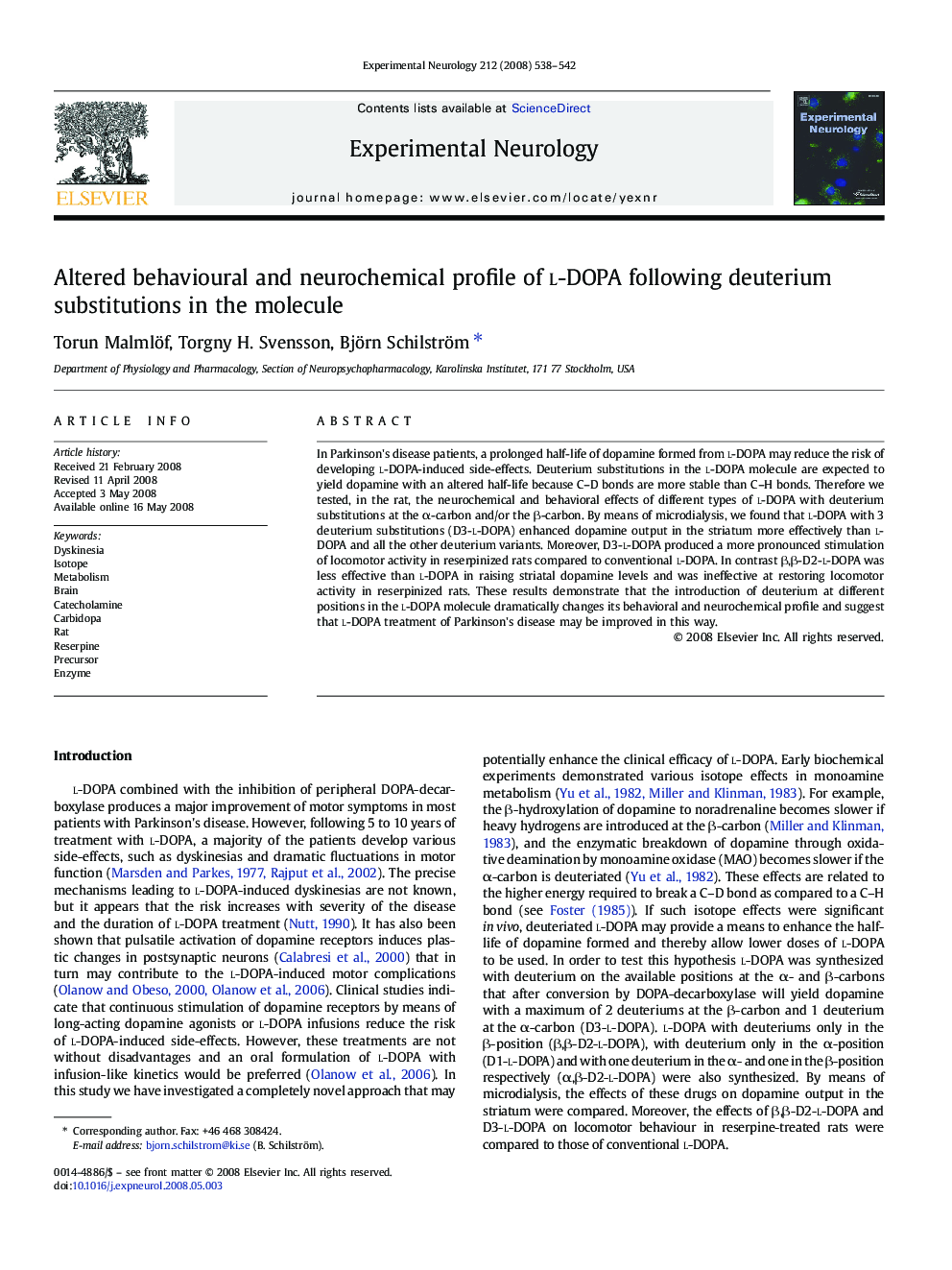 Altered behavioural and neurochemical profile of l-DOPA following deuterium substitutions in the molecule