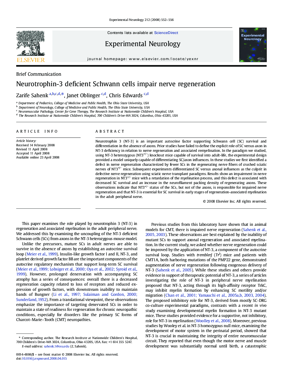 عکس صفحه اول مقاله: Neurotrophin-3 deficient Schwann cells impair nerve regeneration Neurotrophin-3 deficient Schwann cells impair nerve regeneration