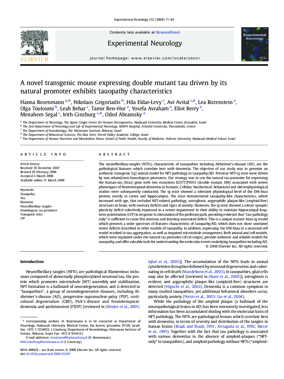 A novel transgenic mouse expressing double mutant tau driven by its natural promoter exhibits tauopathy characteristics