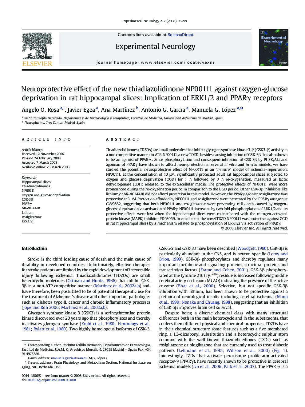 Neuroprotective effect of the new thiadiazolidinone NP00111 against oxygen-glucose deprivation in rat hippocampal slices: Implication of ERK1/2 and PPARγ receptors